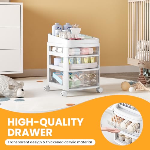 Rolling Cart with 3 Drawers, Clear Plastic Drawer Organizers, Dust Proof Under Desk Storage for Makeup, Skincare, Art Crafts and Baby Items, Acrylic Cosmetic Organizer with Dividers, Vanity Cart - size: 3 Tier