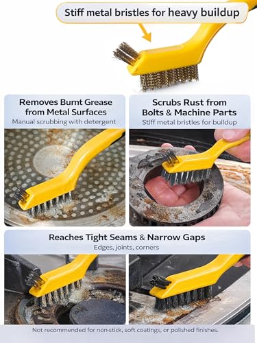 Wire Brush Set for Rust, Paint & Detail Cleaning – 6-Piece Brass, Stainless Steel & Nylon Brushes with Curved Handle for Tight Spaces, Metal, Tile & Household Use