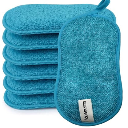 Premium Microfiber Kitchen Sponges 6 Pack – Non-Scratch Dual-Sided Cleaning Sponge, Heavy Duty Scrub + Soft Microfiber, Reusable & Machine Washable, All-Purpose for Dishes, Pots & Pans (Blue)