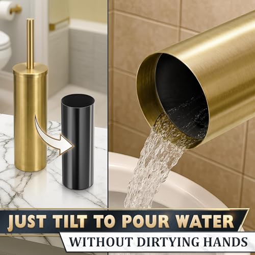 2 PCS Gold Toilet Brush and Holder Set - Brushed Stainless Steel Gold Toilet Bowl Brush and Holder with Replacable Head, Removable Inner Bowl, and Splash Protection - Dense Bristles for Cleaning - color: Gold 2 Pcs