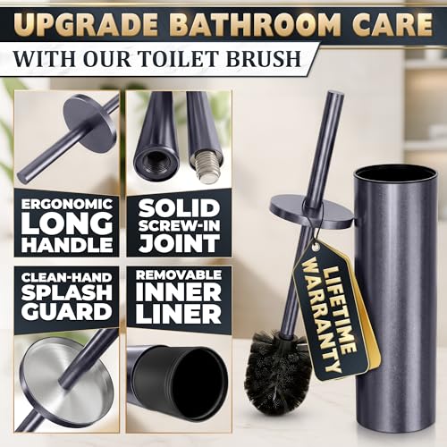 Graphite Metallic Stainless Steel Toilet Brush and Holder Set - Toilet Bowl Brush and Holder with Splash Cover, Sturdy Bristles, Corrosion & Scratch Resistant - Elegant Design, Effective Deep Cleaning - color: Graphite