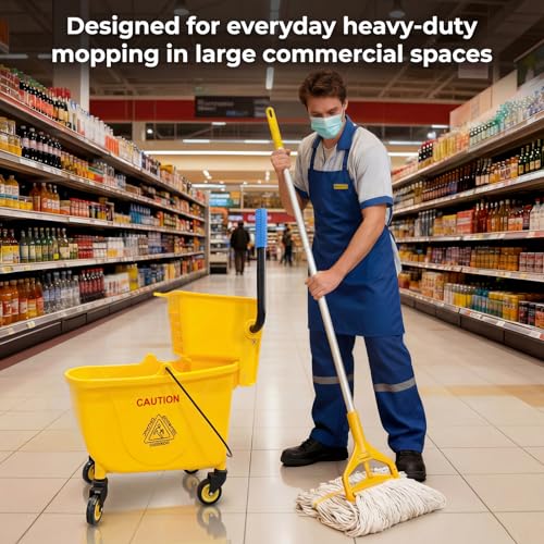 33 Qt Commercial Mop Bucket, with Side-Press Wringer on Wheels. Includes an Industrial Mop. Yellow Industrial Mop Bucket, Suitable for Home, Commercial, Restaurant Cleaning