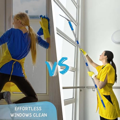 Window Squeegee with Scrubber for Home and Outdoor Glasses Cleaning, 6 Ft Long Handle 2 in 1 Professional Window Washing Kit with Replacement Rubber Blade, Car Windshield Cleaner Tool