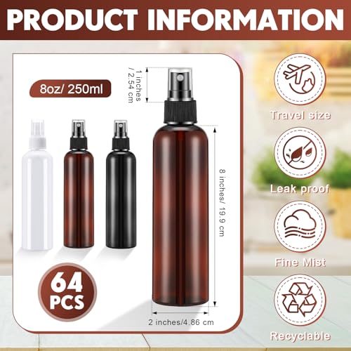 Eccliy 64 Pcs 8 oz Spray Bottles Fine Mist Cleaning Bottles Clear Empty Plastic Travel Sprayer Refillable Sprayer with Cap for Cleaning Solutions Oils Travel Perfumes(Brown) - color: Brown