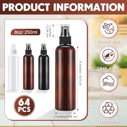 Eccliy 64 Pcs 8 oz Spray Bottles Fine Mist Cleaning Bottles Clear Empty Plastic Travel Sprayer Refillable Sprayer with Cap for Cleaning Solutions Oils Travel Perfumes(Brown) - color: Brown