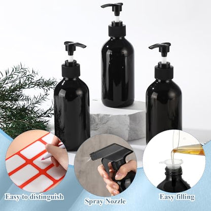 Norme 24 Pcs Glass Spray Bottles with Funnels and Labels 8 oz Refillable Cosmetic Empty Spray Containers with Trigger Squirt Containers for Essential Oil Cleaning Solutions(Black) - color: Black