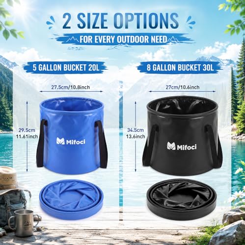 Mifoci 2 Pcs Collapsible Bucket 5 Gallon and 8 Gallon with Handle Portable Foldable Bucket for Camping Fishing Sturdy Leakproof Collapsible Cleaning Buckets for Car Wash RV Outdoor (Black,Dark Blue)