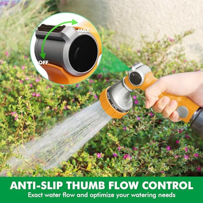 RESTMO Heavy Duty Hose Nozzle, Metal Garden Water Hose Sprayer with 7 Watering Patterns, Thumb Control, On Off Valve, High Pressure Nozzle Sprayer for Watering Plants, Car and Pet Washing, Orange - color: Orange