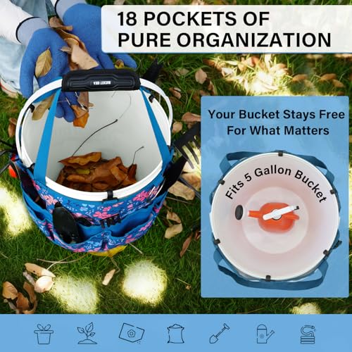 KUNN Bucket Organizer 5 Gallon 18-Pocket Tool Bucket Bag with 6 Hooks, Gardening Tool Holder Caddy for Gardeners, Outdoor Yard Work, Soil Plant Flower Gardening Accessories with Grip Pad, Blue - style: Blue Floral