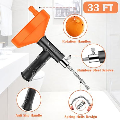 Drain Snake Auger, 33 FT Plumbing Snake Drain Hair Clog Removal Tool, Sink Unclogger Drain, Heavy Duty Snake Auger, Cleaner Tool for Bathroom Kitchen Tub Shower Drain Clog Remover with Gloves