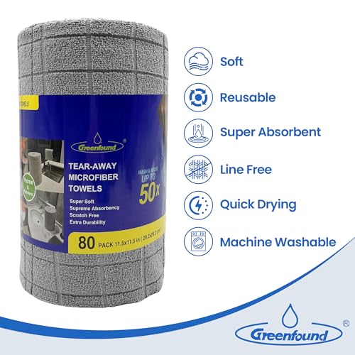 Greenfound Microfiber Cleaning Cloth Roll, 80 Pack Tear Away Towels, Reusable Washable Lint Free Scratch Free Absorbent Cleaning Rags for Kitchen Home Car Window Glass, 11.5 x 11.5 Inch Check Grey - color: Check Grey