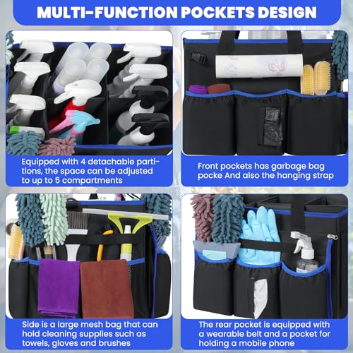 Large Rolling Cleaning Caddy Bag with Detachable Trolley, Cleaning Supplies Organizer Caddy on Wheels with Multi-pocket & Waist Pouch, Water Resistant Cleaning Cart with Shoulder Strap for Housekeeper