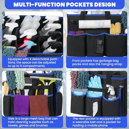 Large Rolling Cleaning Caddy Bag with Detachable Trolley, Cleaning Supplies Organizer Caddy on Wheels with Multi-pocket & Waist Pouch, Water Resistant Cleaning Cart with Shoulder Strap for Housekeeper