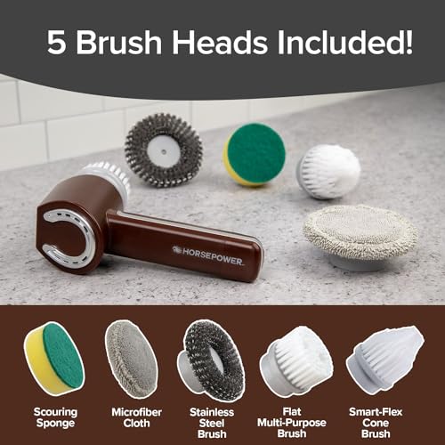 Horsepower Scrubber, Waterproof, Electric Power, Spins 350 RPM, 5 Brush Heads, AS SEEN ON TV, Cleans Dirt & Grime, Tile, Grout, Bathrooms, Kitchen, Auto Rims, Outdoor Furniture & More, Rechargeable - style: Regular Battery Life