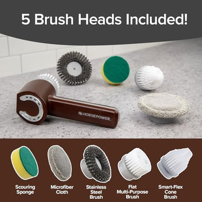 Horsepower Scrubber, Waterproof, Electric Power, Spins 350 RPM, 5 Brush Heads, AS SEEN ON TV, Cleans Dirt & Grime, Tile, Grout, Bathrooms, Kitchen, Auto Rims, Outdoor Furniture & More, Rechargeable - style: Regular Battery Life