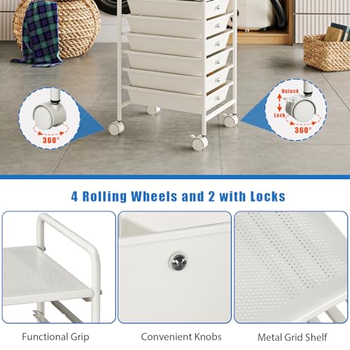 6-Tier Utility Cart with 6 Drawers, Rolling Utility Cart with 2 Lockable Caster Wheels, Multipurpose Mobile Rolling Drawer Cart for Office Bathroom Kitchen, Ivory White - size: White, 6-Tier
