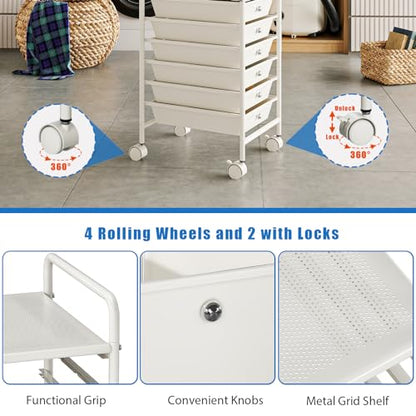 6-Tier Utility Cart with 6 Drawers, Rolling Utility Cart with 2 Lockable Caster Wheels, Multipurpose Mobile Rolling Drawer Cart for Office Bathroom Kitchen, Ivory White - size: White, 6-Tier