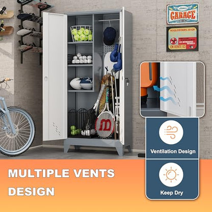 Broom Closet Storage Cabinet, Metal Garage Storage Cabinet with 2 Doors & Pegboard, 61" Utility Cabinet with Hanging Rod, Tool Cabinet for Garage, Laundry Room, Home Office, White-Gray - size: 61" Garage Cabinets