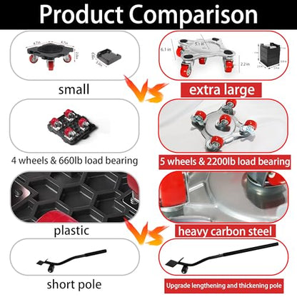 【Upgrade Large】Furniture Dolly & Furniture Rollers Mover with 5 Wheels, Carbon Steel Panel Furniture Lifter Set Up to 2200LBs, for 360° Rotation Shifting Moving Heavy Duty Refrigerator, Sofa, Cabinet - size: Extra Large