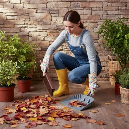 2pcs Metal Dustpan and Brush Set, 12In Extra Large Handheld Dust Pan and Wood Broom,Heavy-Duty Dust Pans Metal Edge Flat Against Floor for Patio/Pet/Car/Outdoor