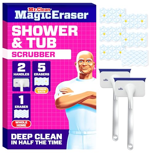 Mr. Clean Magic Eraser Shower & Tub Scrubber, Bathroom Cleaner, All in One Bathroom Cleaner, Lemon Starter Kit, 2 Scrubber, 5 Foaming Magic Erasers, 1 Whole Home Extra Durable Magic Eraser - size: 2 Devices + 6 Refills