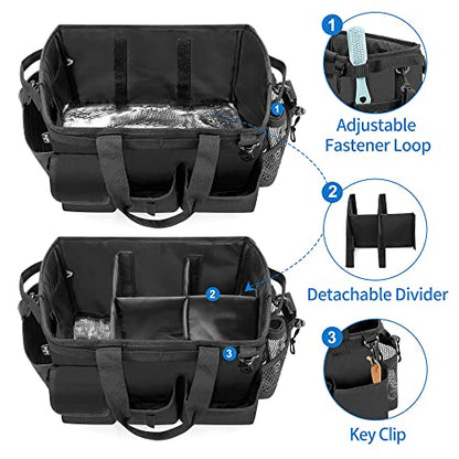 LoDrid Large Wearable Cleaning Caddy Bag with Detachable Divider, Cleaning Supply Tote with Handles, Organizer with Adjustable Shoulder Strap for Cleaners & Housekeepers, Black - color: Black