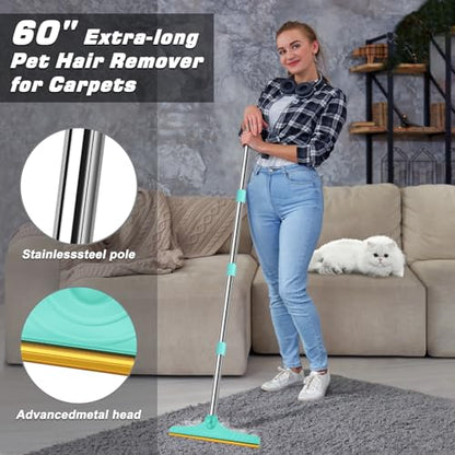 B-Land Carpet Rake for Pet Hair Removal, Reusable Pet Hair Remover with 60” Adjustable Long Handle, Carpet Scraper Dog Cat Hair Remover Tool for Rugs, Mats, Couch, Furniture Blue - color: Blue