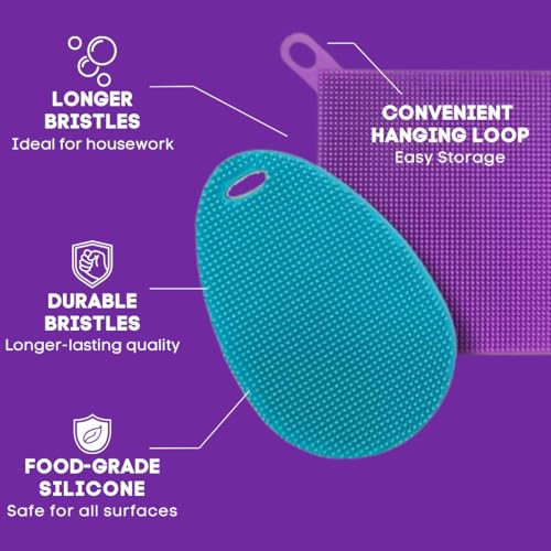 Silicone Dish Sponge Dish Scrubber (Oval and Square) - Dual-Sided, Food Grade Silicone Sponges for Dishes and Housecleaning 2-Pack - color: 2 Pack Teal + Purple