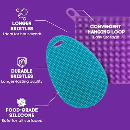 Silicone Dish Sponge Dish Scrubber (Oval and Square) - Dual-Sided, Food Grade Silicone Sponges for Dishes and Housecleaning 2-Pack - color: 2 Pack Teal + Purple