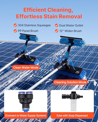 VEVOR Solar Panel Cleaning Kit, 26 ft, Water Fed Pole Kit with Cleaning Brush, Soap Dispenser, Extendable Aluminum Telescopic Pole, 180° Rotatable Brush Head, for Roof Mounted Solar Panels, Windows - size: 26 Ft