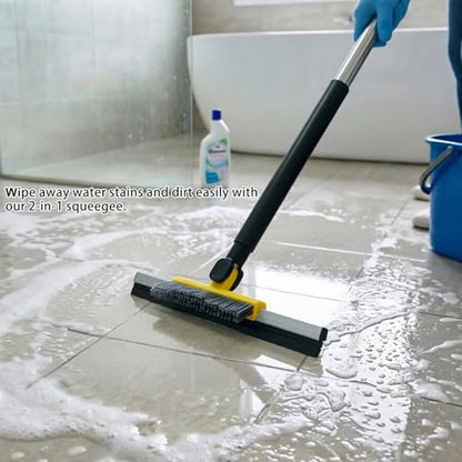 Floor Squeegee Scrubber, Squeegee Broom with 54” Adjustable Handle, Water Squeegee with Grout Brush,Shower Floor Scrubber for Garage Courtyard,Glass, Bathroom,Kitchen,Wall,Tile (YELLOW)