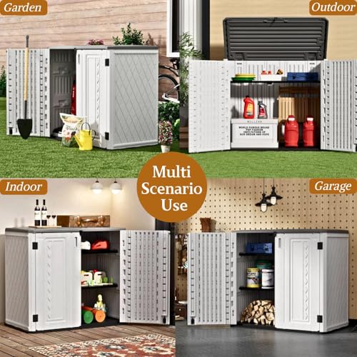 ZZM 4x3FT Heavy-Duty Outdoor Storage Shed | 34 Cu.Ft Waterproof Resin Cabinet with Double-Wall | UV-Resistant & Lockable for Garden Tools, Bikes, Patio Furniture (Wood Grain Texture) - color: White-34 cu ft