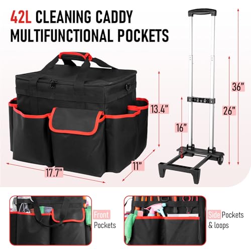 Large DIY Rolling Cleaning Caddy Bag, Cleaning Caddy with Wheels for Housekeepers, Wear-Resistant & Waterproof 900D Oxford Cleaner Supplies Organizer for Kitchen, Home, Office, Tool Storage