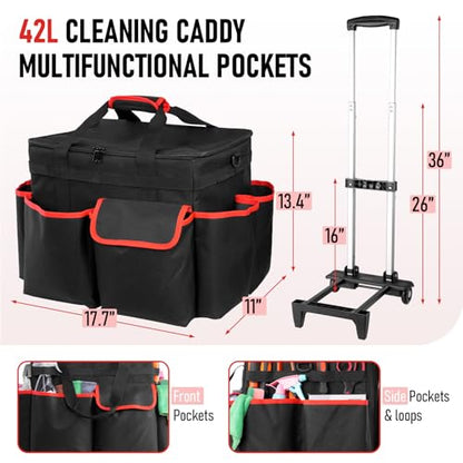 Large DIY Rolling Cleaning Caddy Bag, Cleaning Caddy with Wheels for Housekeepers, Wear-Resistant & Waterproof 900D Oxford Cleaner Supplies Organizer for Kitchen, Home, Office, Tool Storage