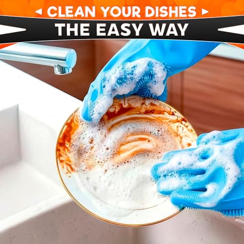 ALPENKOK Silicone Dishwashing Gloves with Scrubber – Non-Slip Silicone Gloves for Washing Dishes | Household Use - color: Light Blue