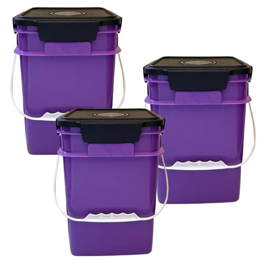 House Naturals 4 Gallon Square Food Grade Bucket Pail with Plastic Handles and Lid (Pack of 3) Made in USA containers (Purple - Black lids) - color: Purple - Black Lids