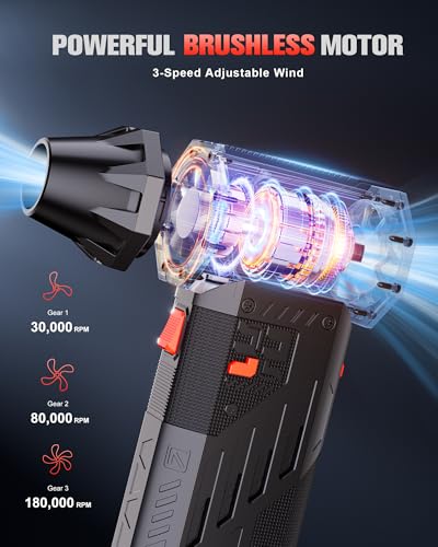 GOOLOO F5S Compressed Air Duster,180000RPM Super Power Cordless Air Blower, Rechargeable Electric Air Duster with Brushless Motor, 3-Speed Adjustable Dust Blower for PC Keyboard, Car, Home, Outdoor - size: Single Battery-F5S
