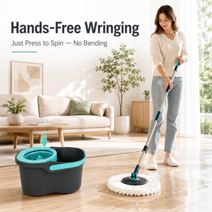 Lambert Home Mop and Bucket Set - Spin Mop with Wringer, Hands-Free Self-Wringing Microfiber Floor Mop, 2 Washable Mop Heads, 42-50 inch Stainless Steel Handle, for Hardwood Tile Laminate, Gray-Blue