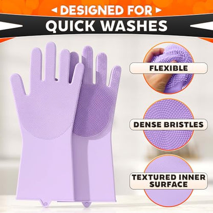 ALPENKOK Silicone Dishwashing Gloves with Scrubber – Non-Slip Silicone Gloves for Washing Dishes | Household Use - color: Purple Dishwash