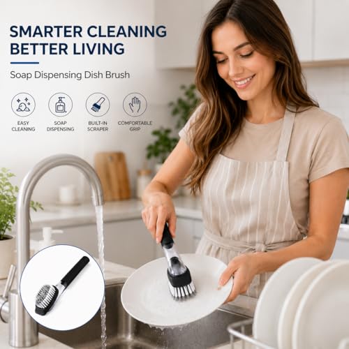 Soap Dispensing Dish Brush with Built-in Scraper, Black, for Dishes, Pots, Pans, Plates, Cookware, and Countertops