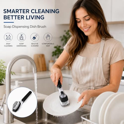 Soap Dispensing Dish Brush with Built-in Scraper, Black, for Dishes, Pots, Pans, Plates, Cookware, and Countertops