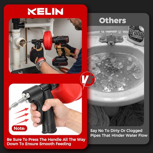 KELIN 6 in 1 Drain Auger Kit, Dual-Mode 33FT Plumbing Snake with Drill Adapter, Manual or Powered, Includes Hair Remover, Claw Tool, Brush, Gloves & Bag for Kitchen Bathroom Sink