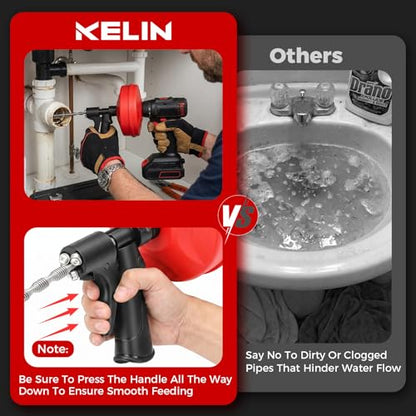 KELIN 6 in 1 Drain Auger Kit, Dual-Mode 33FT Plumbing Snake with Drill Adapter, Manual or Powered, Includes Hair Remover, Claw Tool, Brush, Gloves & Bag for Kitchen Bathroom Sink