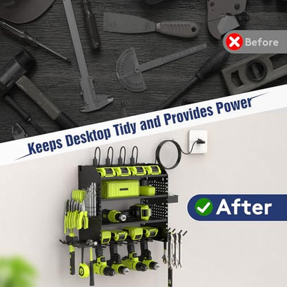 Heavy Duty Power Tool Organizer Wall Mount with Charging Station, 4 Layer Garage Storage Adjustable Shelves Height, Holds 4 Drills, 2 Hooks, Screw & Screwdriver box, Gifts for Fathers Day, Anniversary - color: Black