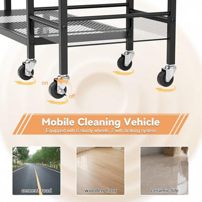 Cleaning Cart on Wheels,Broom Holder with Cleaning Supplies Organizer,10 Grippers, 4 Double-sided Hooks, 3-tier Shelves Broom and Mop Utility Carts for Laundry, Garage, Tool Room Black