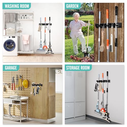 InPoTo Broom and Mop Holder, Wall Mounted Organizer Storage Tool Rack with 5 Ball Slots and 6 Hooks (2 Pack) - size: 2Pack
