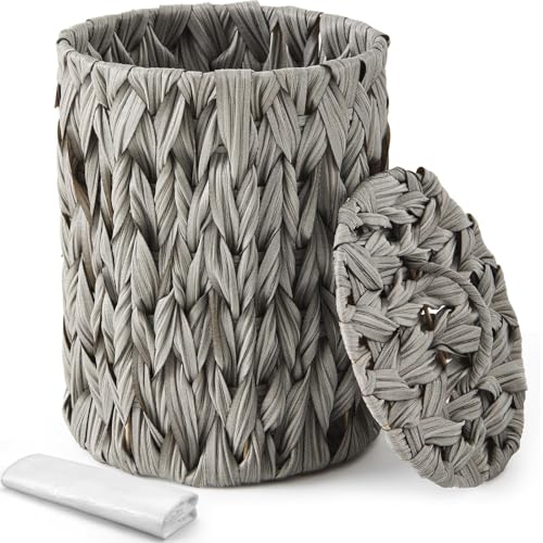 Ctosree 1.3 Gallons Small Trash Can with Lid Handle Boho Woven Braided Bathroom Waste Basket Trash Can with 100 Garbage Bags for Bedroom Office Laundry(Grey, Braided Polypropylene) - color: Grey, style: Round