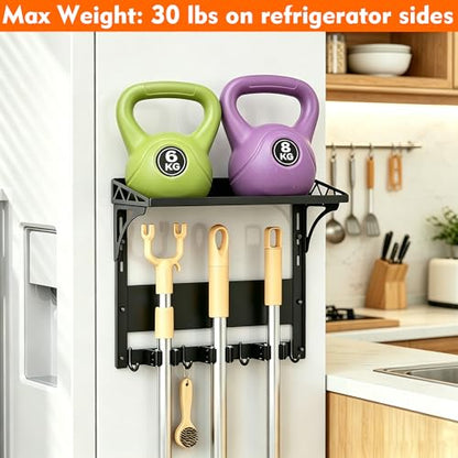 MUTUACTOR Heavy Duty Magnetic Broom Holder,Anti-slip Magnetic Tool Rack with Top Utility Shelf, Easy Assembly Broom Mop Organizer for Refrigerator Metal Cabinet Laundry Room Kitchen,3-Clamps 4-Hooks - style: Heavy Duty Broom Holder with Shelf,1PCS