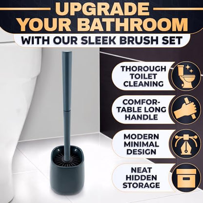 Toilet Brush and Holder Set - Silicone Toilet Brush Cleaner with Dark Grey Holder Base, Compact Accessory for Small Spaces - Easy to Place & Simple to Store After Use, Plastic Bathroom Cleaning Tool - color: Gray