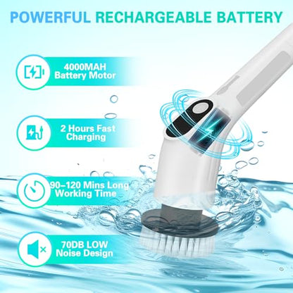 Electric Spin Scrubber, Waterproof Cordless Shower Cleaning Brush with Replaceable Brush Heads and Adjustable Extension Handle 2 Speeds for Bathtub Kitchen Wall Cleaning